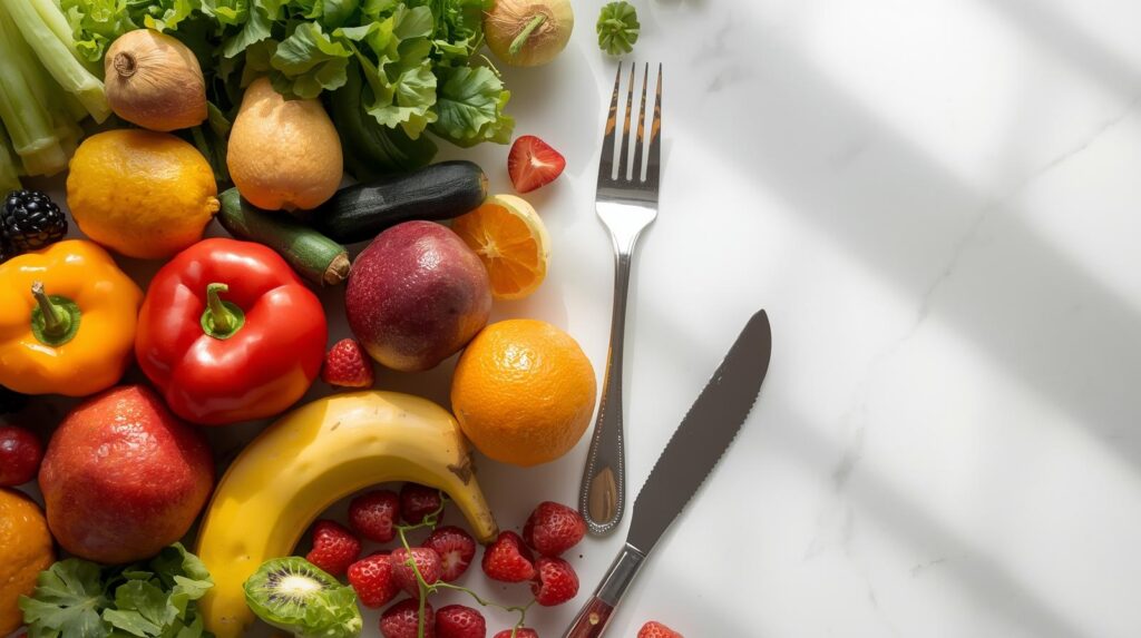 tavola con frutta e verdura per sito nutrizionista con forchetta e coltello